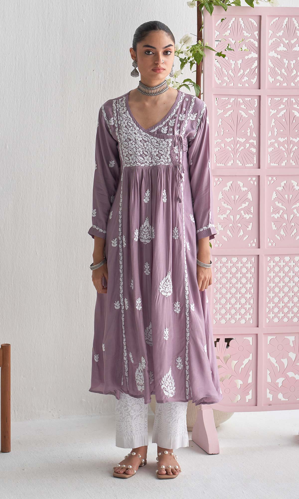 Handcrafted Chikankari Purple Angrakha