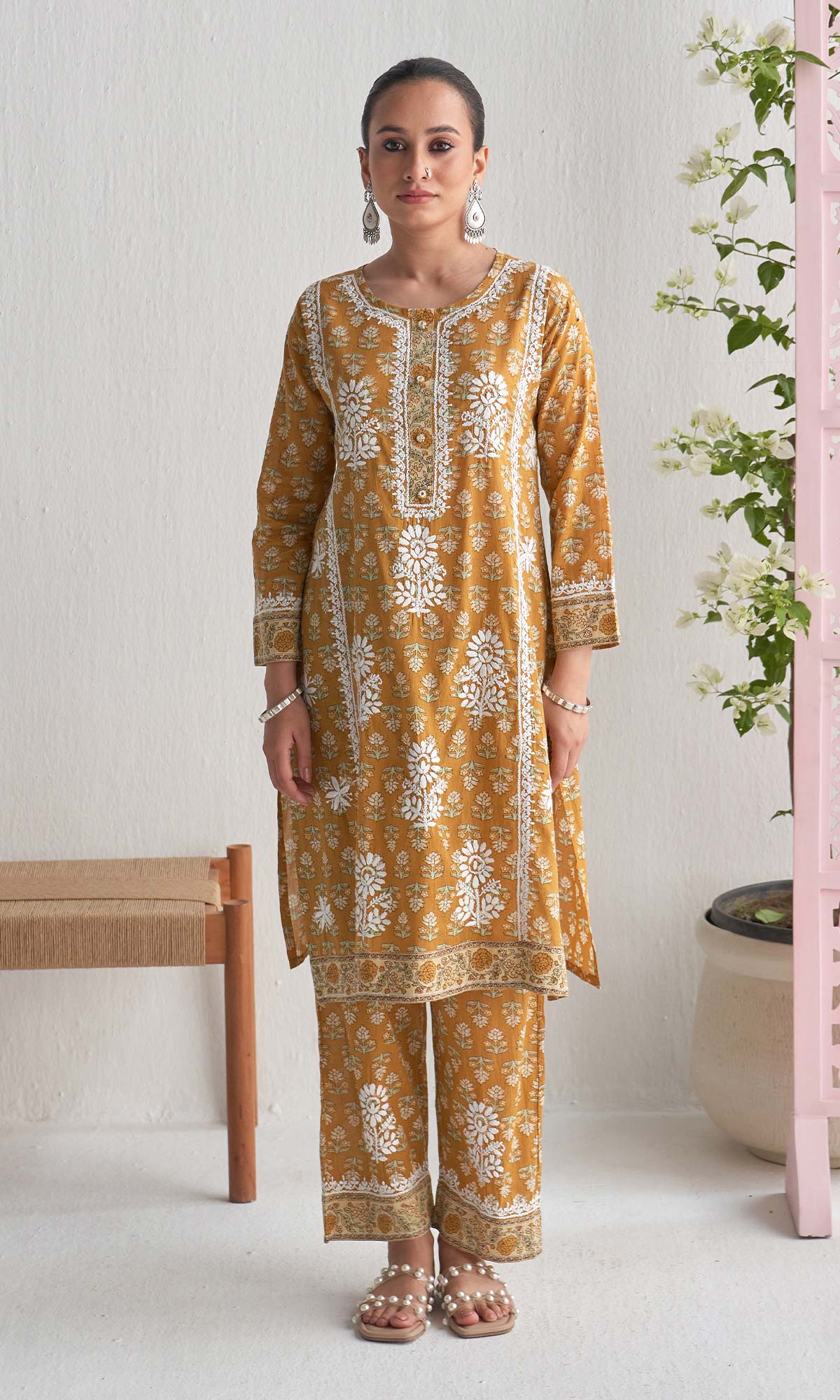 Handcrafted Chikankari Mustard 2PC Kurta-Pant Set