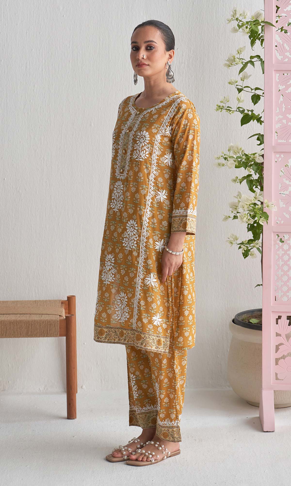 Handcrafted Chikankari Mustard 2PC Kurta-Pant Set