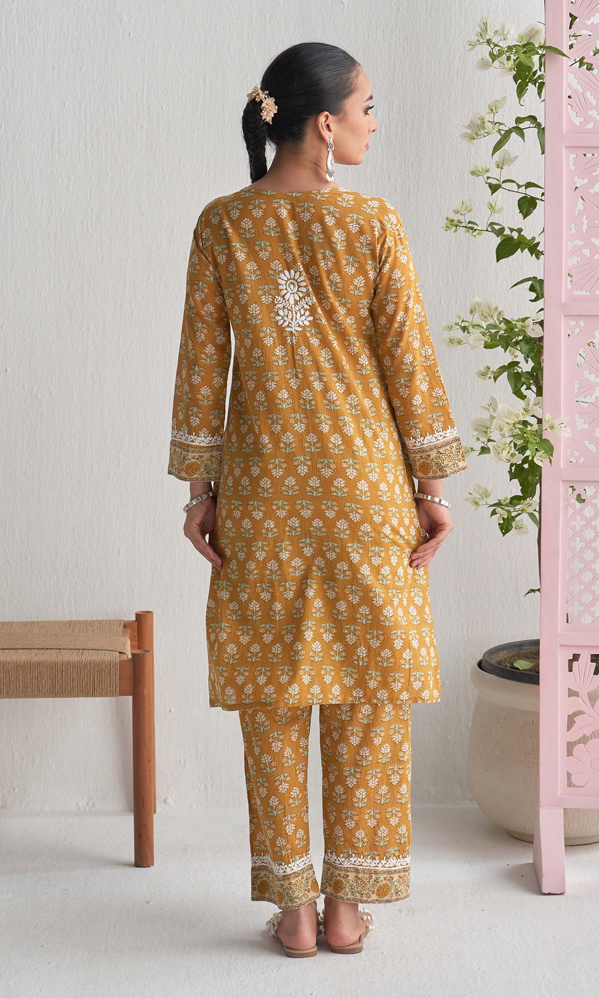 Handcrafted Chikankari Mustard 2PC Kurta-Pant Set