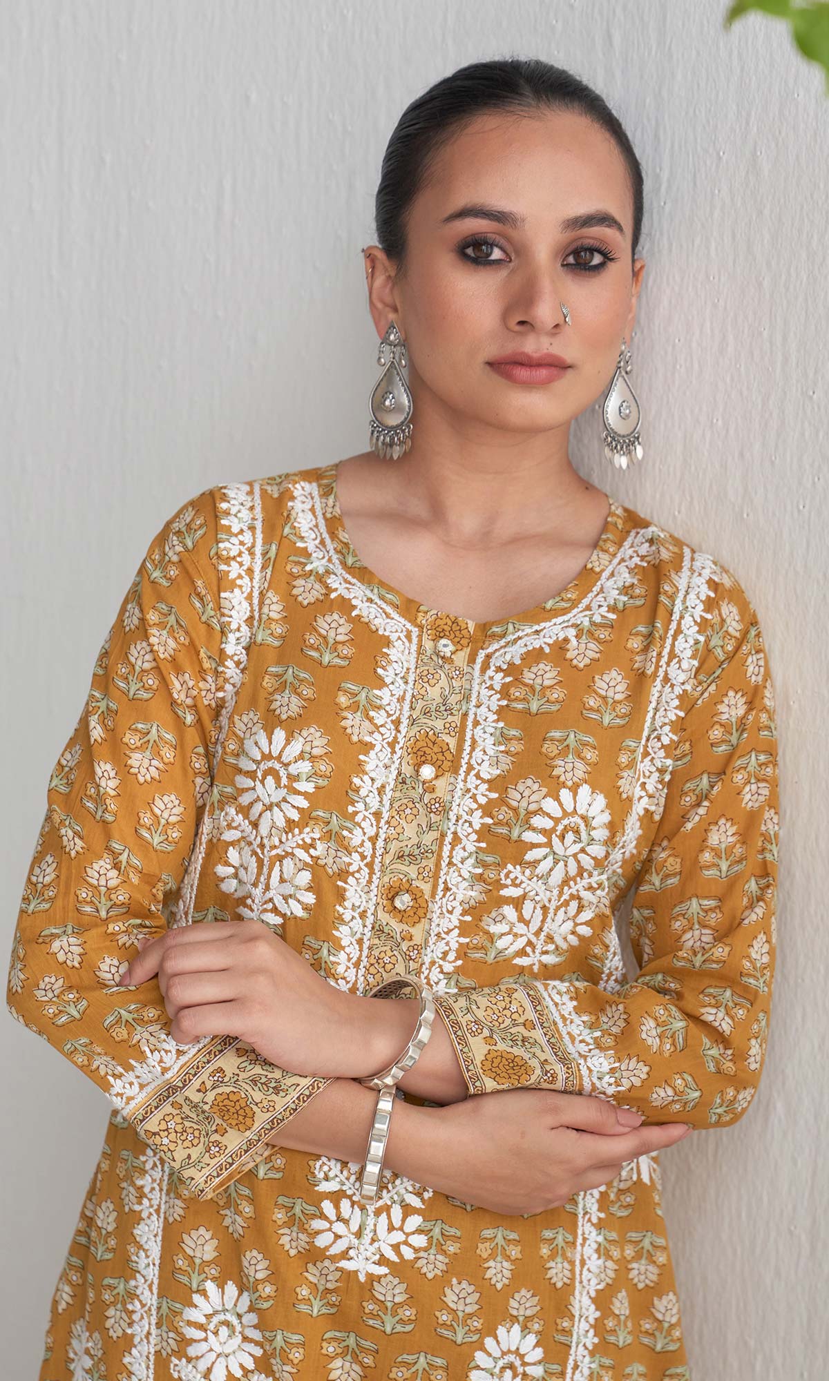 Handcrafted Chikankari Mustard 2PC Kurta-Pant Set