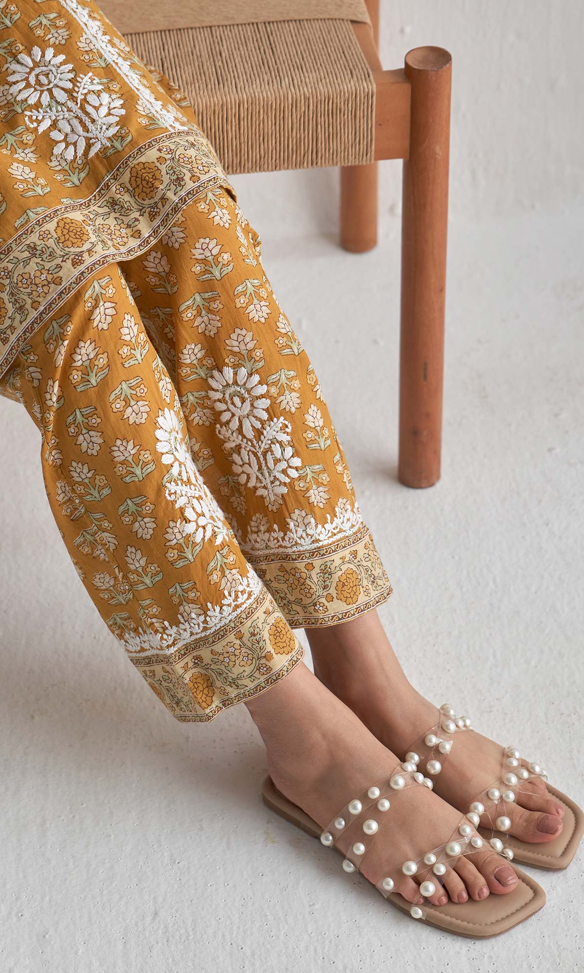 Handcrafted Chikankari Mustard 2PC Kurta-Pant Set
