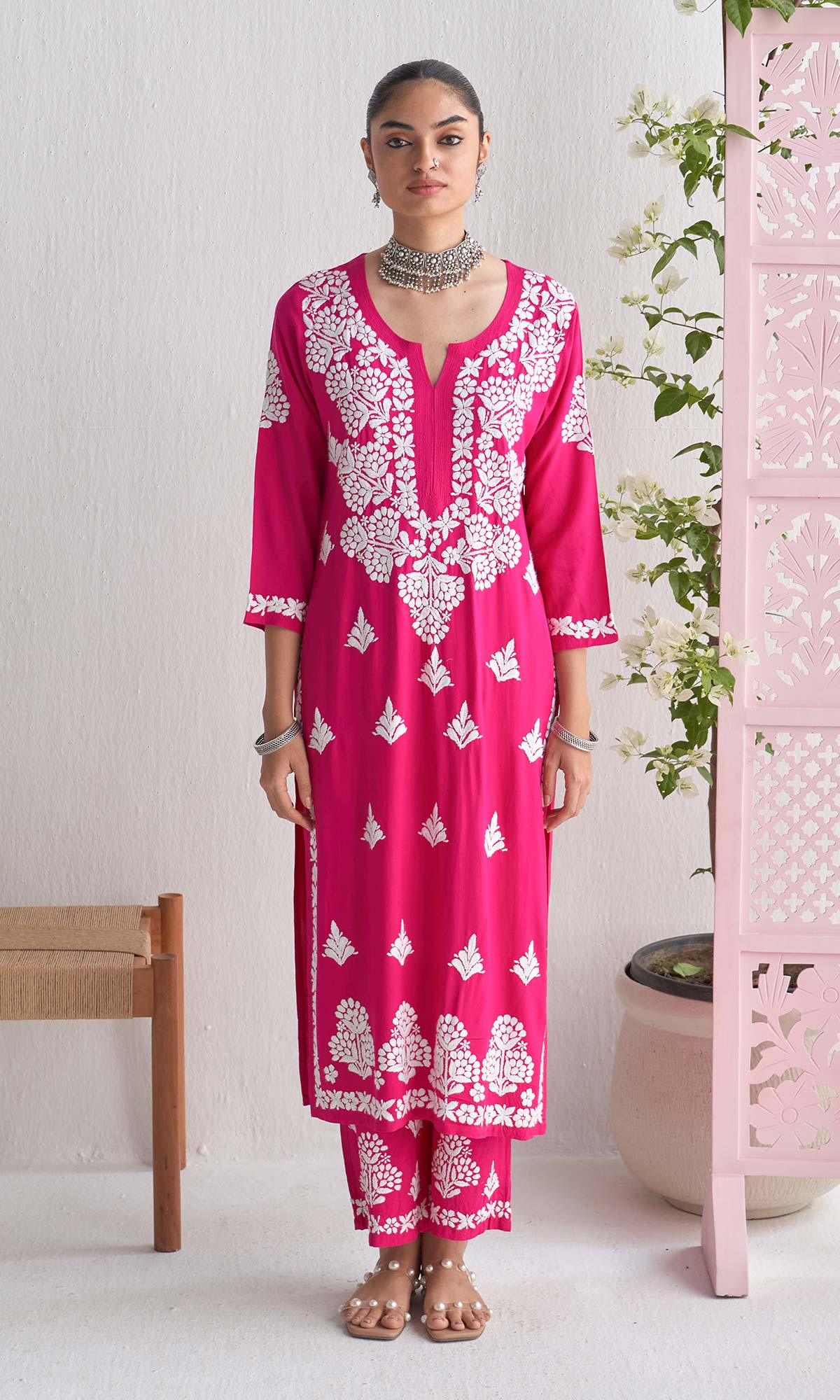 Handcrafted Chikankari Pink 2Pc Kurta-Palazzo Set