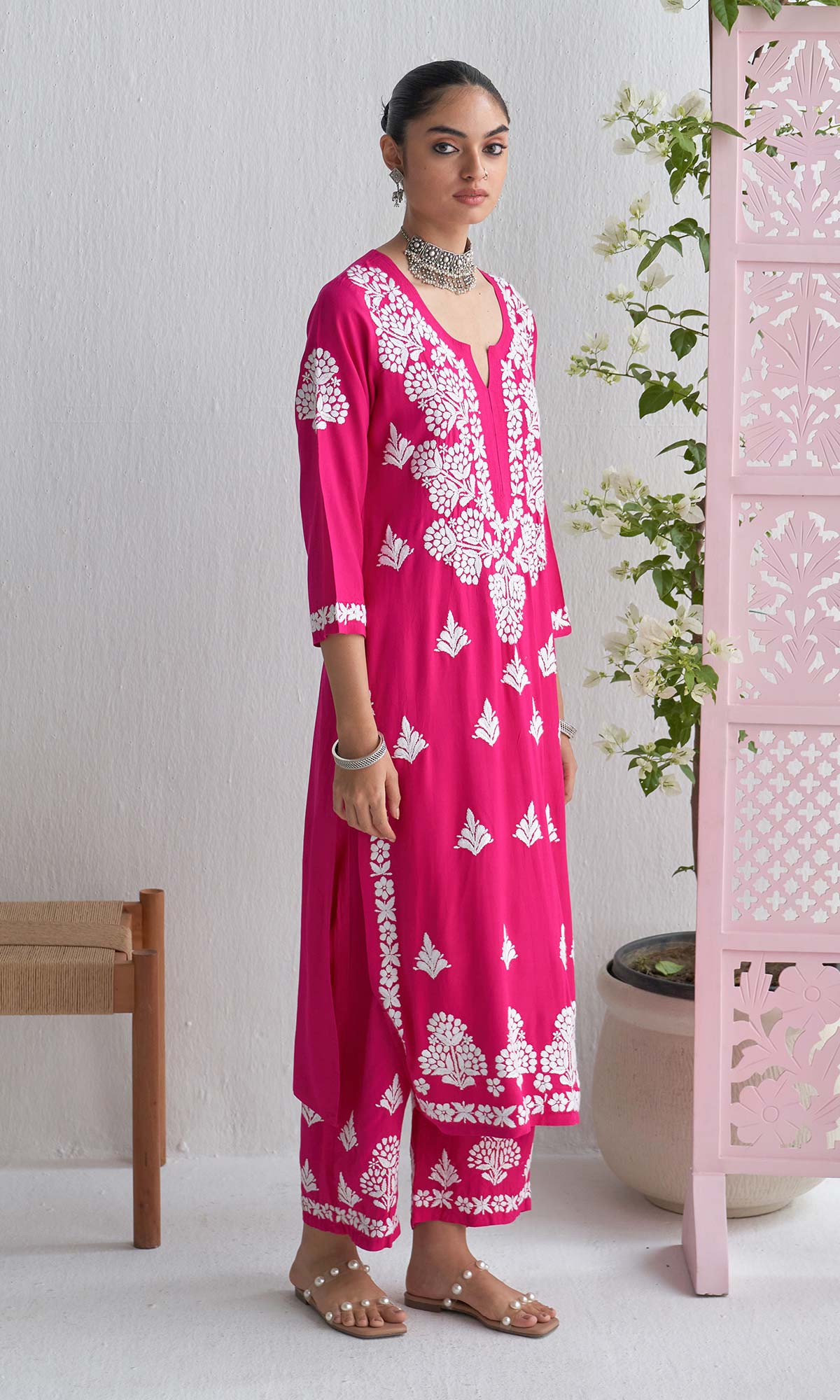 Handcrafted Chikankari Pink 2Pc Kurta-Palazzo Set