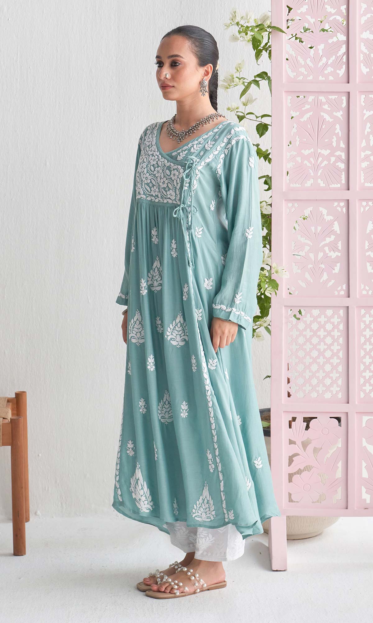 Handcrafted Chikankari Green Angrakha