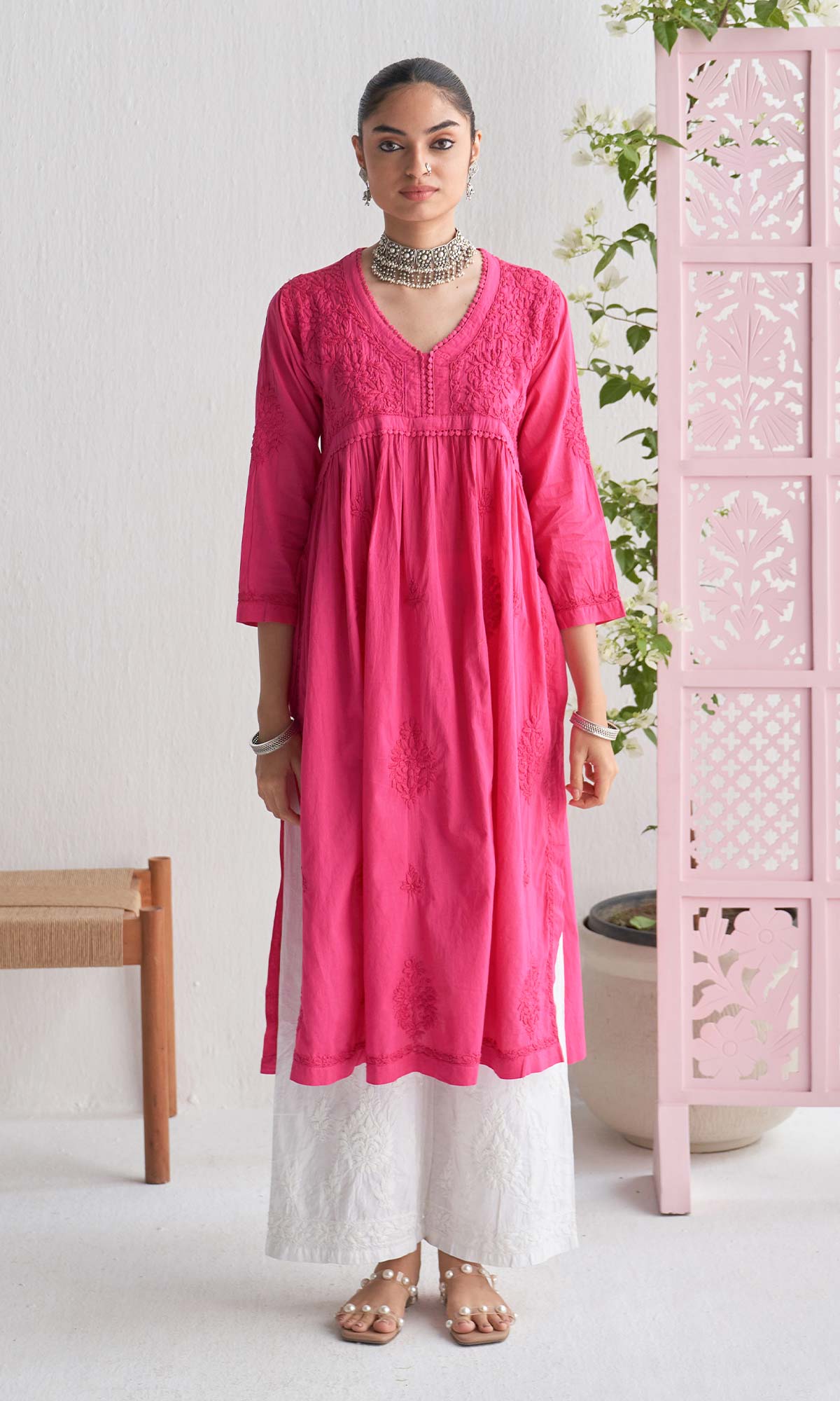 Handcrafted Chikankari Pink A-Line Short Yoke Kurta