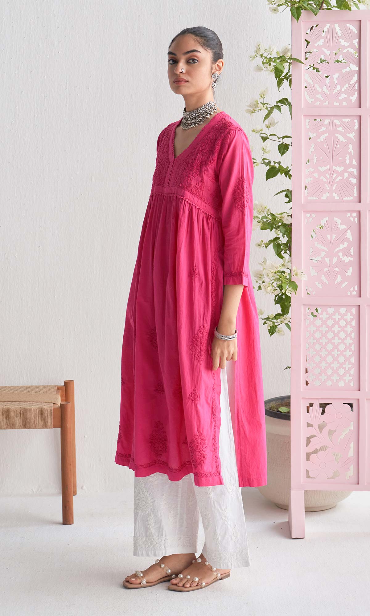 Handcrafted Chikankari Pink A-Line Short Yoke Kurta
