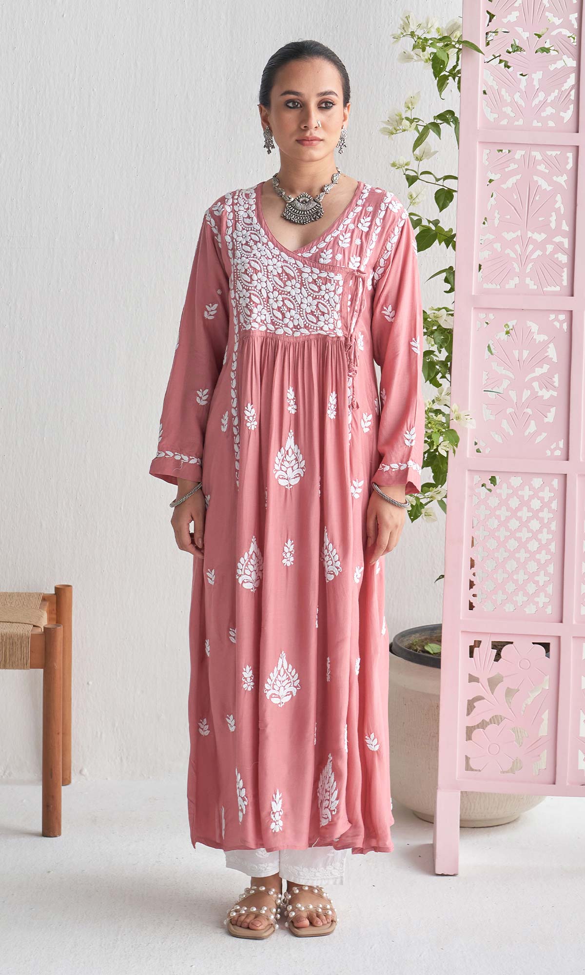 Handcrafted Chikankari Pink Angrakha