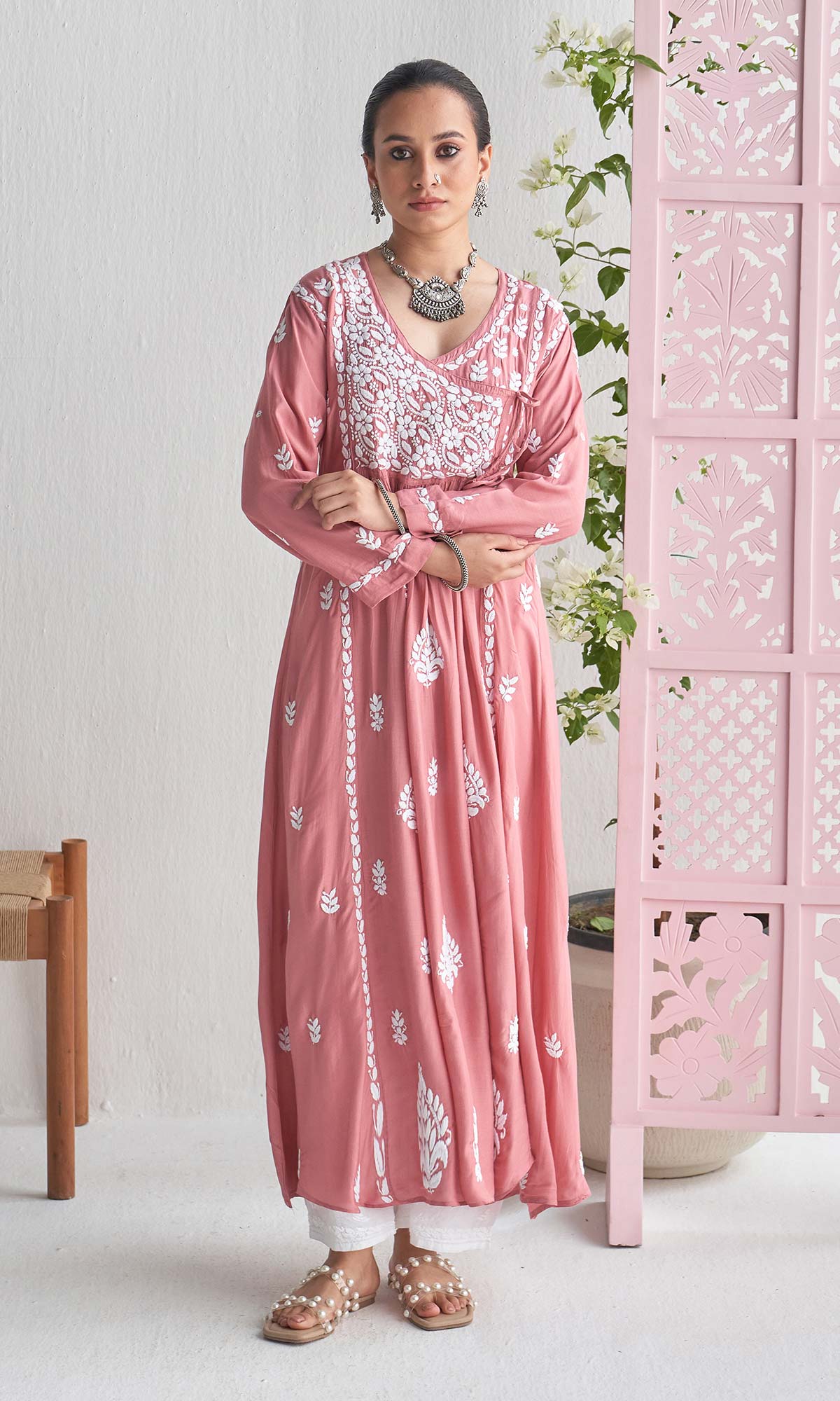 Handcrafted Chikankari Pink Angrakha