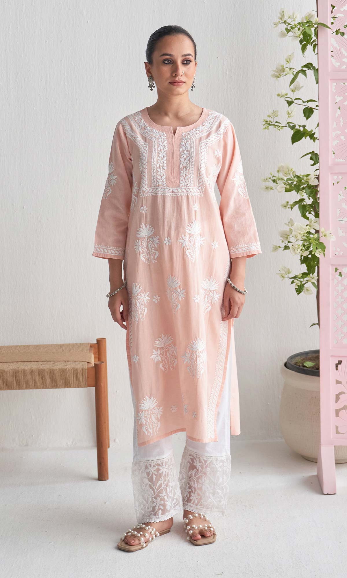 Handcrafted Chikankari Peach Straight Kurta