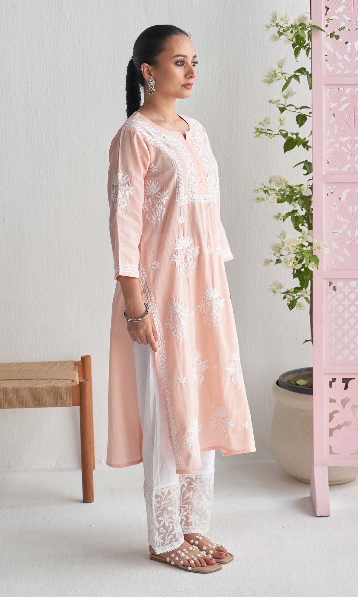 Handcrafted Chikankari Peach Straight Kurta