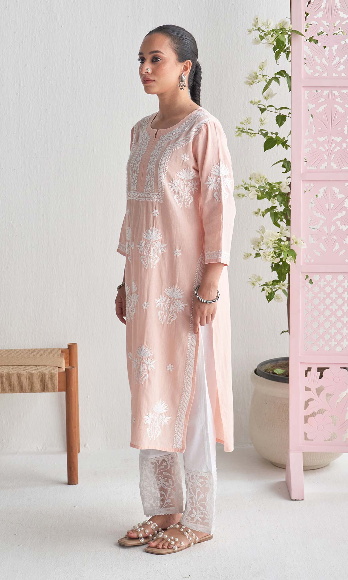 Handcrafted Chikankari Peach Straight Kurta