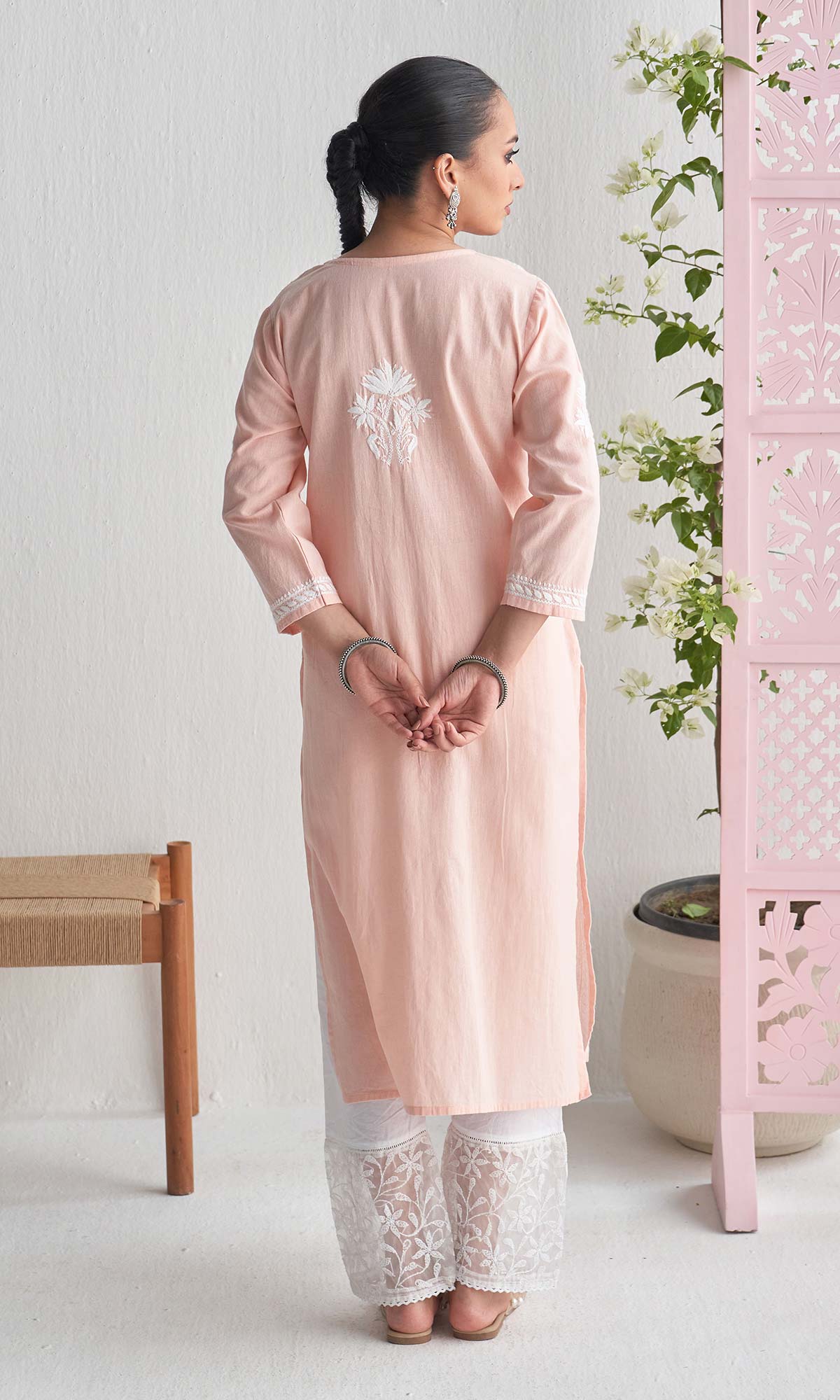 Handcrafted Chikankari Peach Straight Kurta
