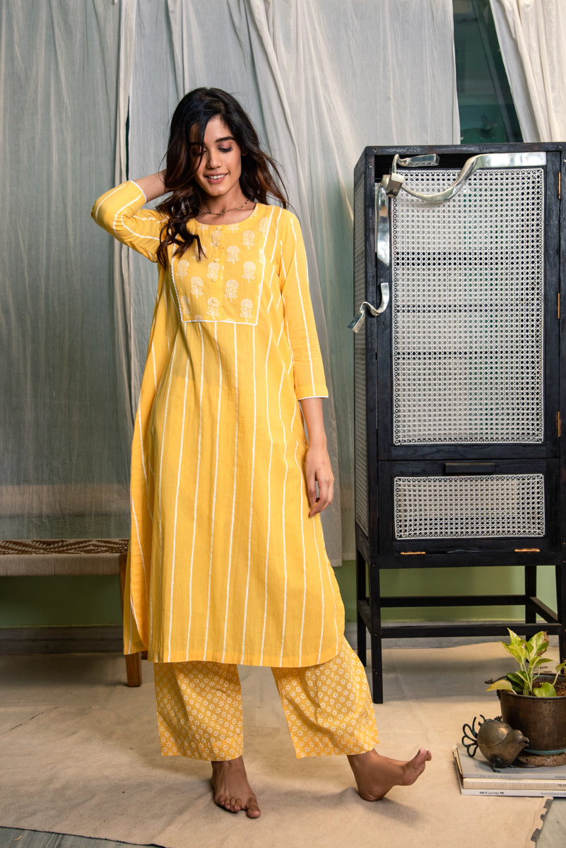 RIDHI SURI DAISY SUNSHINE YELLOW KURTA WITH PALAZZO - SET OF 2