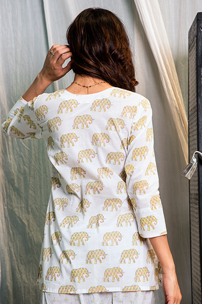 RIDHI SURI DAISY WHITE  YELLOW ELEPHANT PRINTED  KURTA WITH PRINTED PYJAMA-SET OF 2
